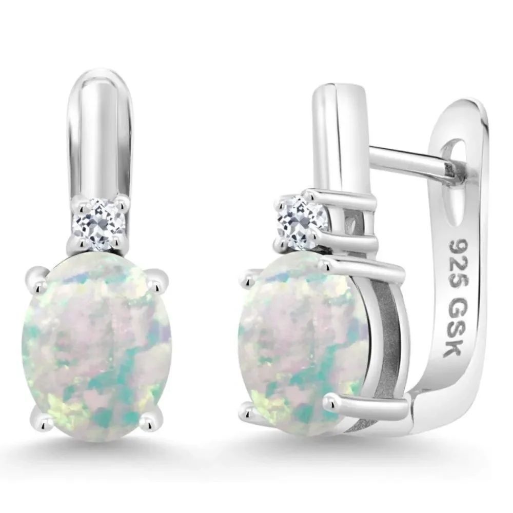 925 Sterling Silver with 3.36 Cttw White Opal and White Topaz Oval Drop Earrings